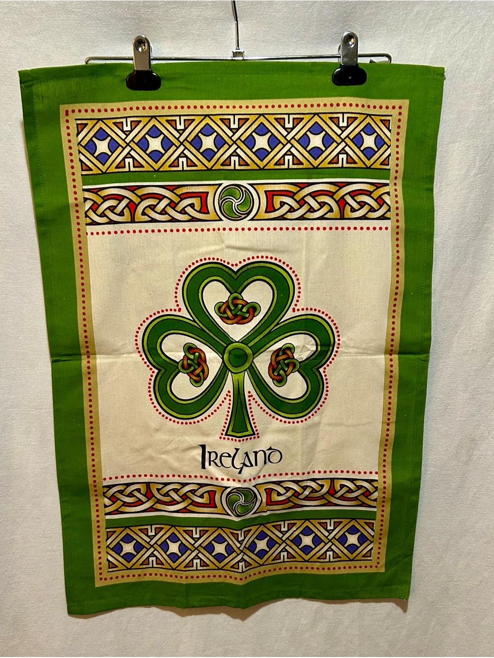 Vintage Ireland Shamrock Celtic Knot Tea Towel Green Cotton Kitchen Linen
